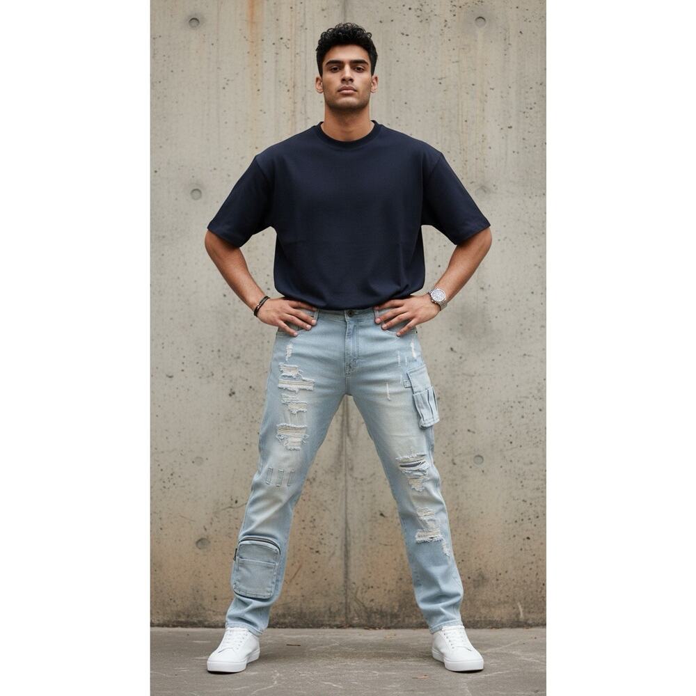 Focus Jeans Men's Light Blue Distressed Cargo Straight Leg Cotton Denim 38x32